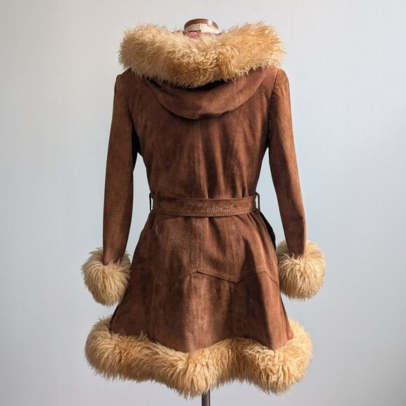 Vintage Brown Suede Coat Penny Lane Jacket Leather Trench Fur Coat Afghan Small - Picture 3 of 15